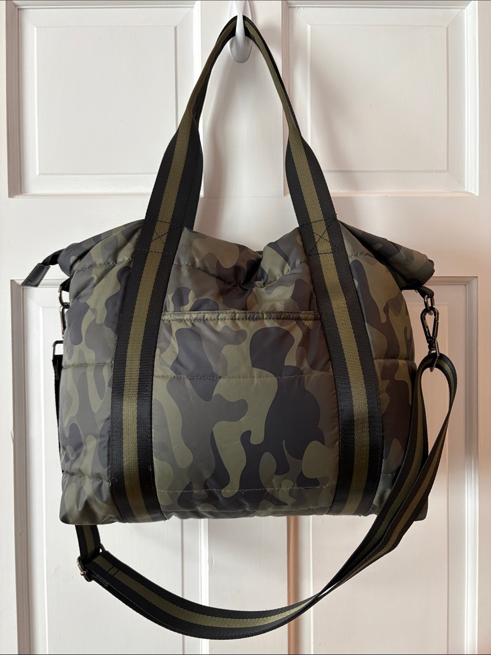 Haute Shore Green Camouflage Quited Puffer Tote Striped Straps EUC